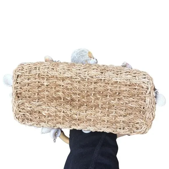 Seashell Charm Straw Handbag | Upcycled Handmade Vintage Faded Glory Purse - Picture 5 of 9